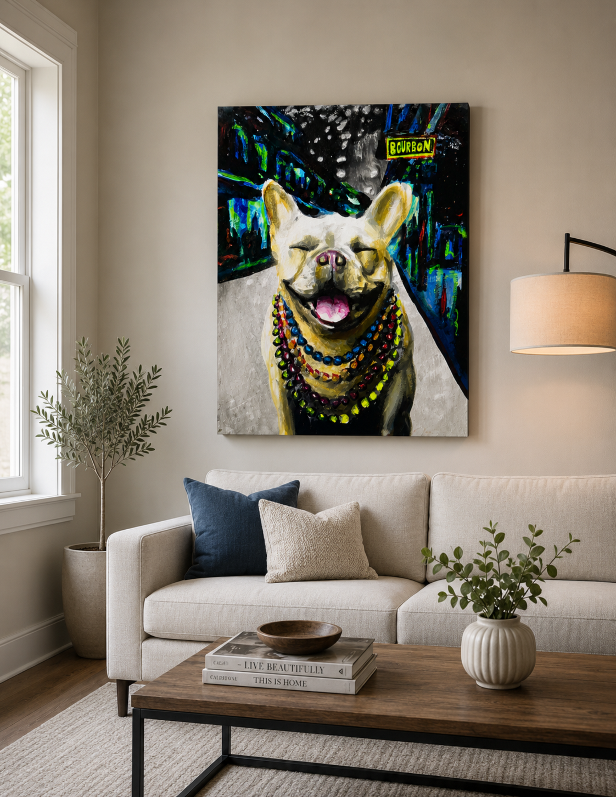 Smiling French Bulldog in Mardi Gras Beads by Ocean Clark shown as a canvas print, a New Orleans art piece displayed on a wall
