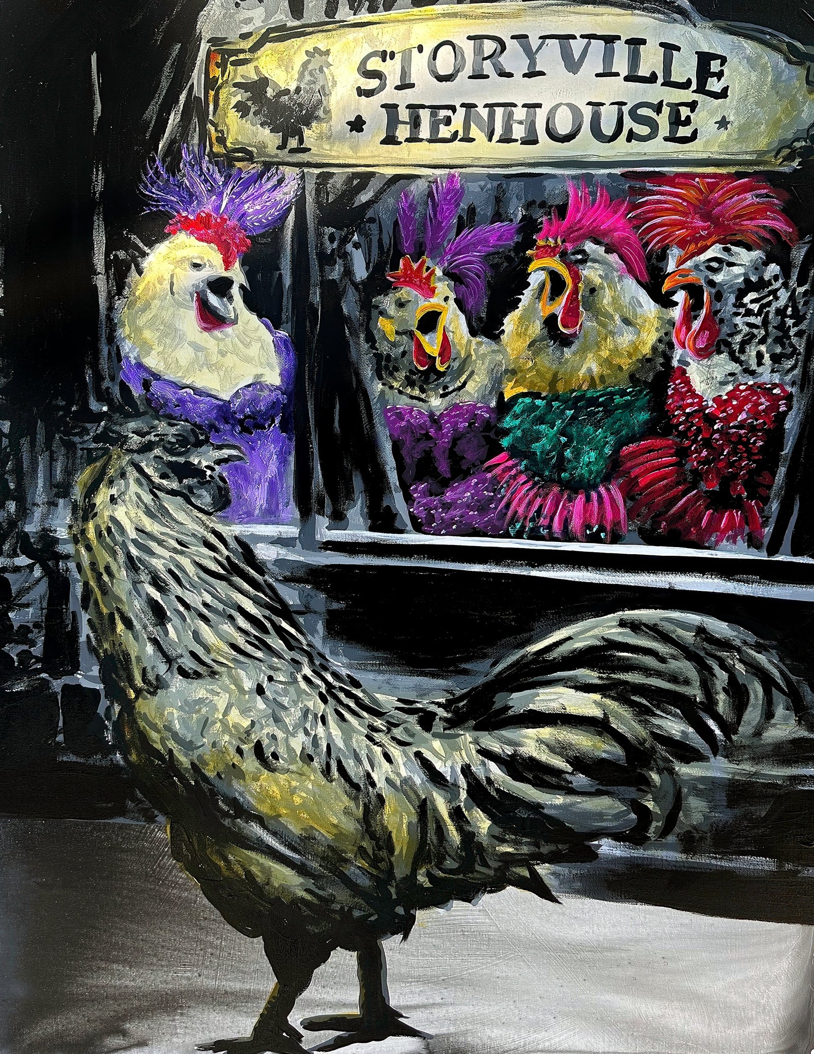 This painting places a stylish chicken in Storyville, the historic New Orleans district known for its music and nightlife.