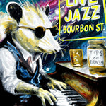This painting captures an opossum deep in a live jazz piano performance, full of soul and swing.