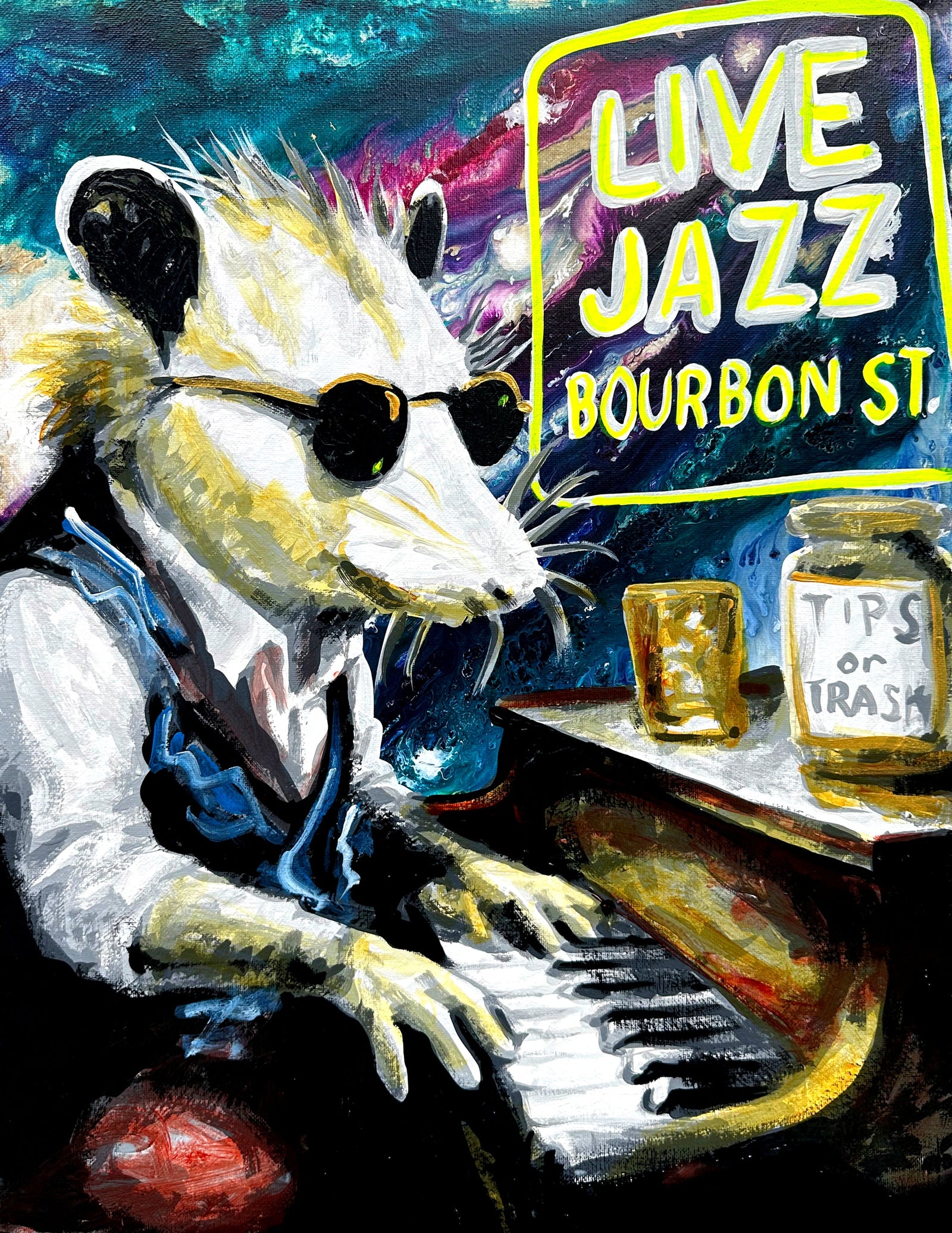 This painting captures an opossum deep in a live jazz piano performance, full of soul and swing.