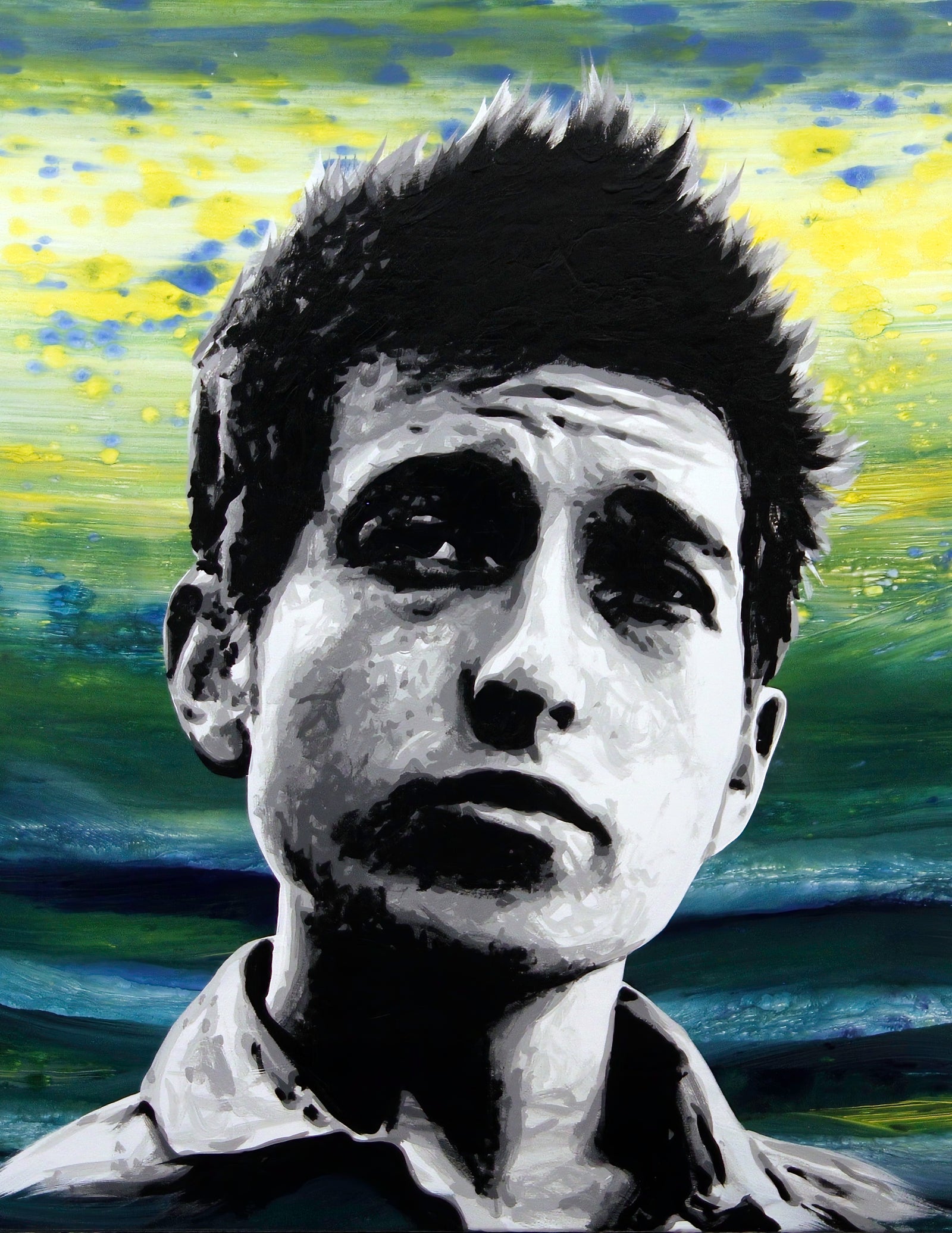 A painting of Bob Dylan with spiky hair and a serious expression against a green, blue, and yellow swirl background