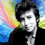 A painting of a young Bob Dylan smirking against a pastel rainbow swirl background