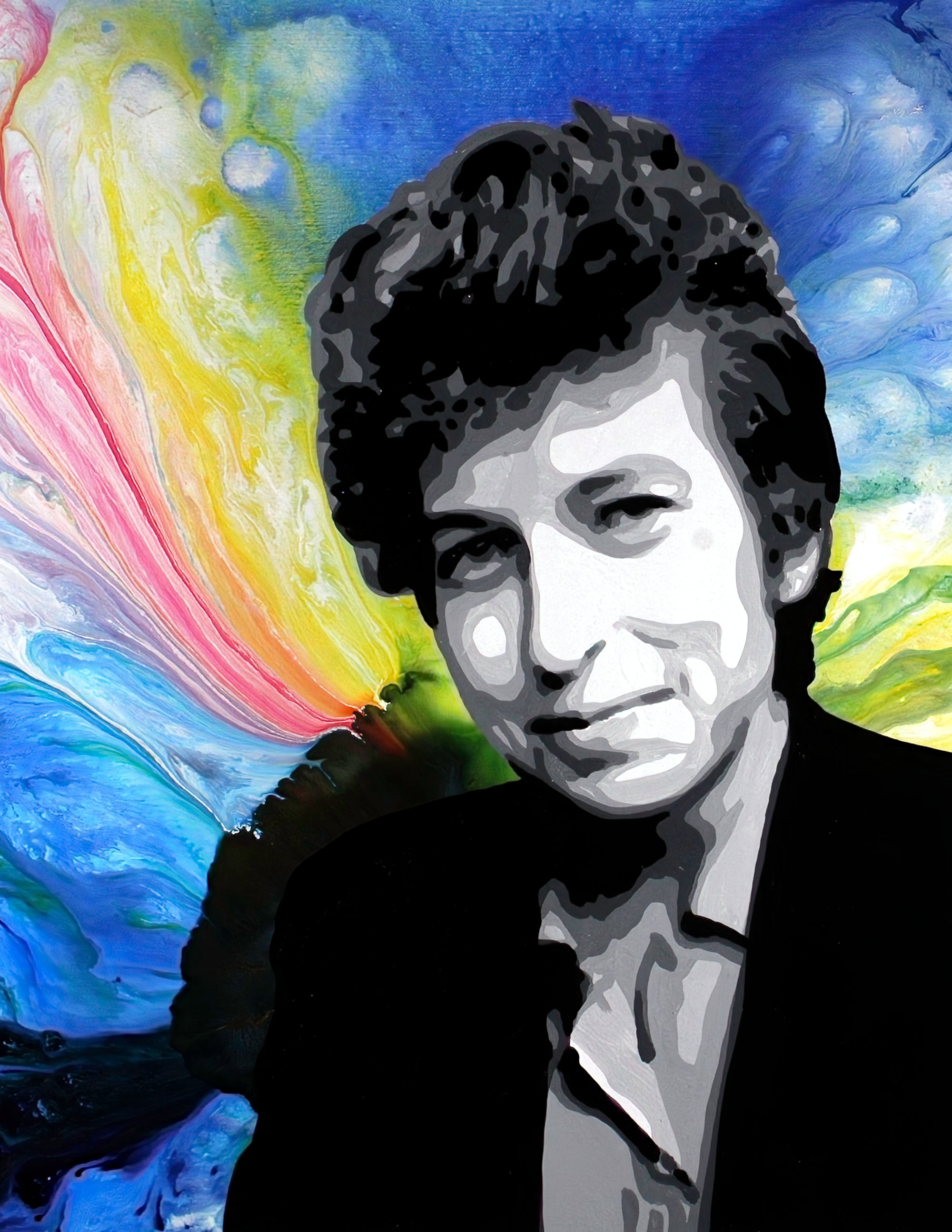 A painting of a young Bob Dylan smirking against a pastel rainbow swirl background