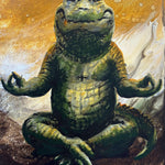 A painted alligator or crocodile sitting cross-legged in a meditative pose, with a textured golden-brown background and white misty forms behind it.
