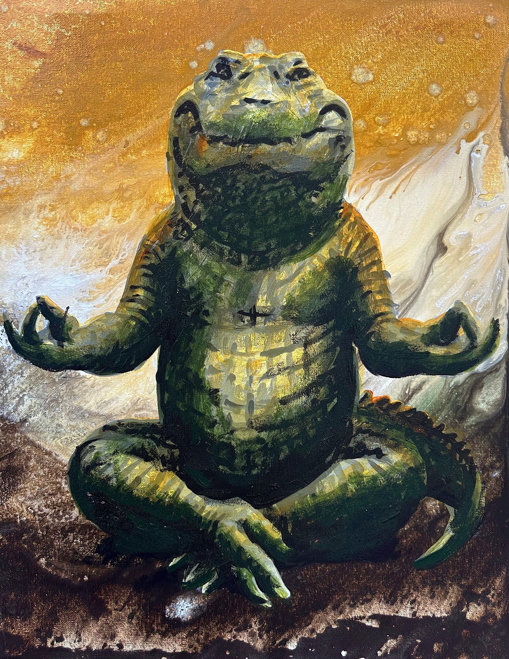A painted alligator or crocodile sitting cross-legged in a meditative pose, with a textured golden-brown background and white misty forms behind it.