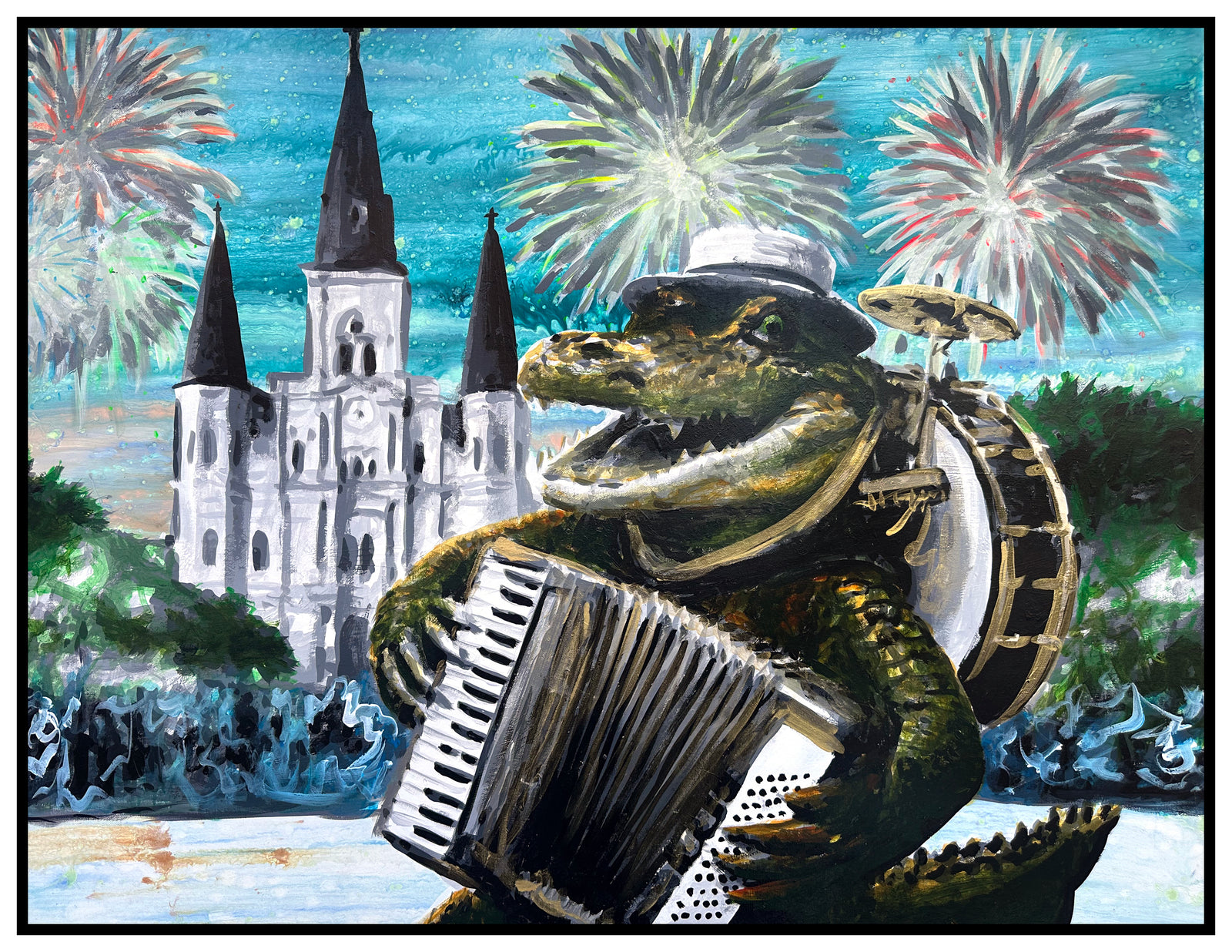 An alligator squeezes out a tune on the accordion while fireworks light up the sky behind him in this festive print.