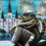 Alligator Playing Accordion with Fireworks Print