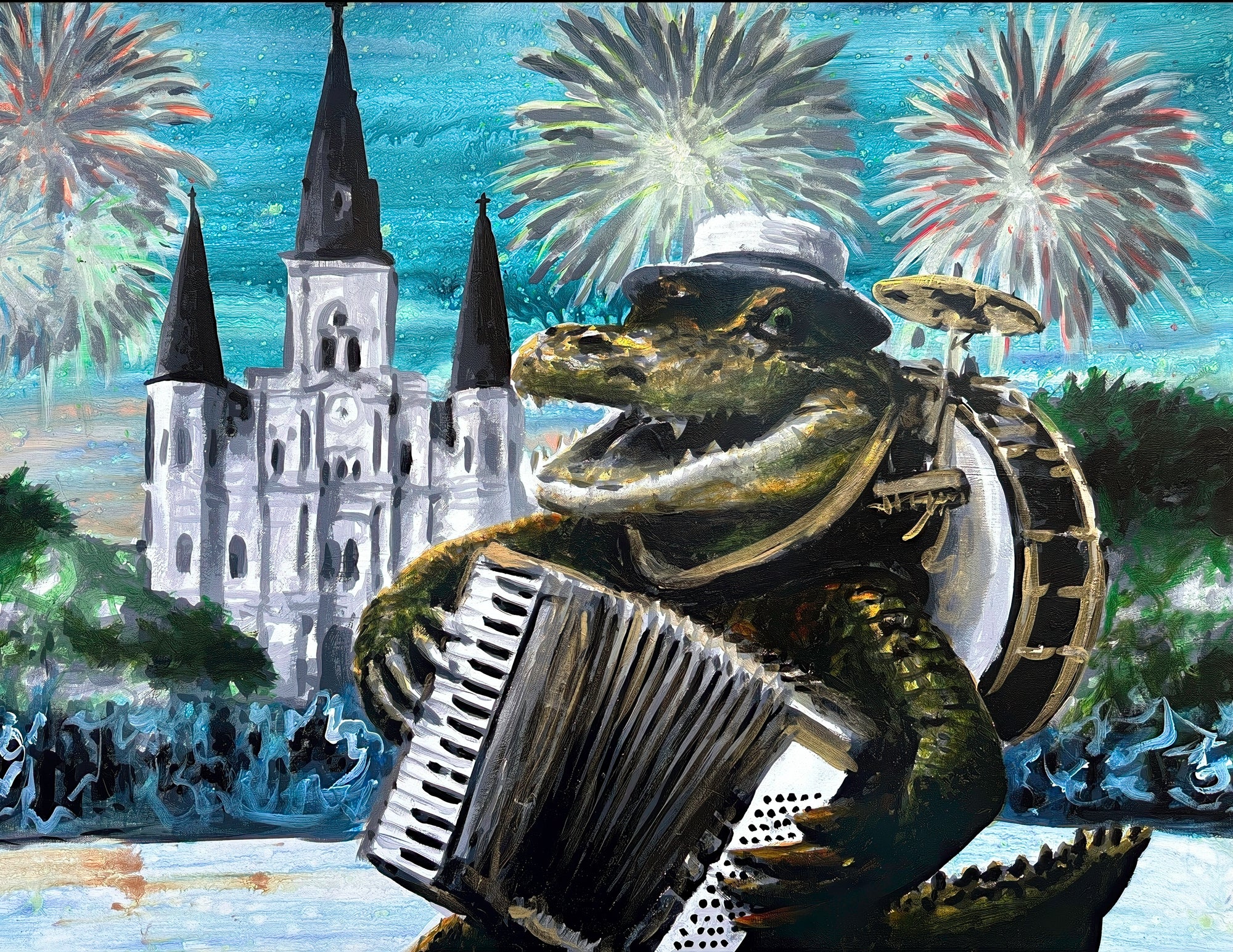 Alligator Playing Accordion with Fireworks Print