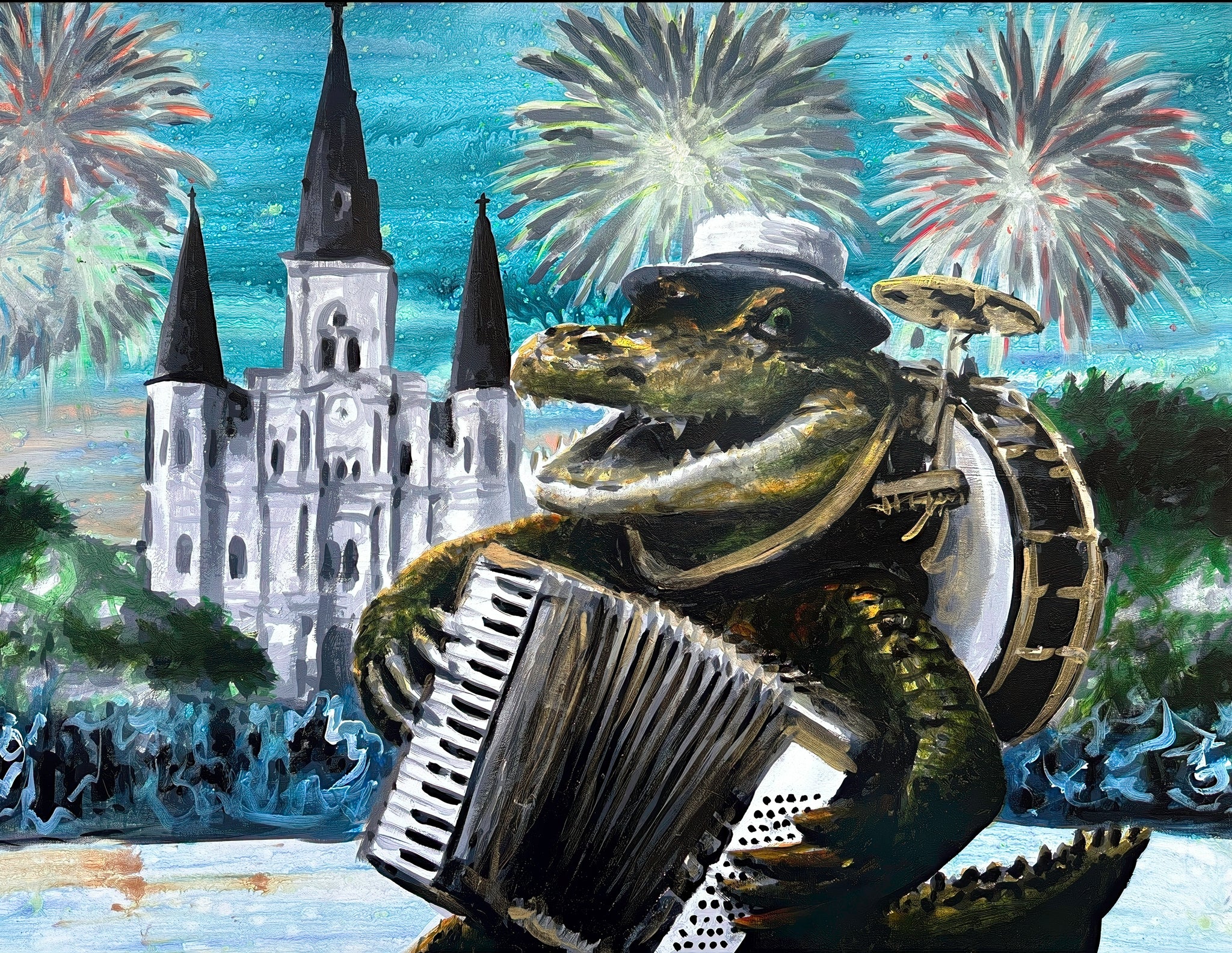 Alligator Playing Accordion with Fireworks Print
