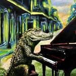 This painting captures an alligator lost in the music, hands gliding across the piano keys.