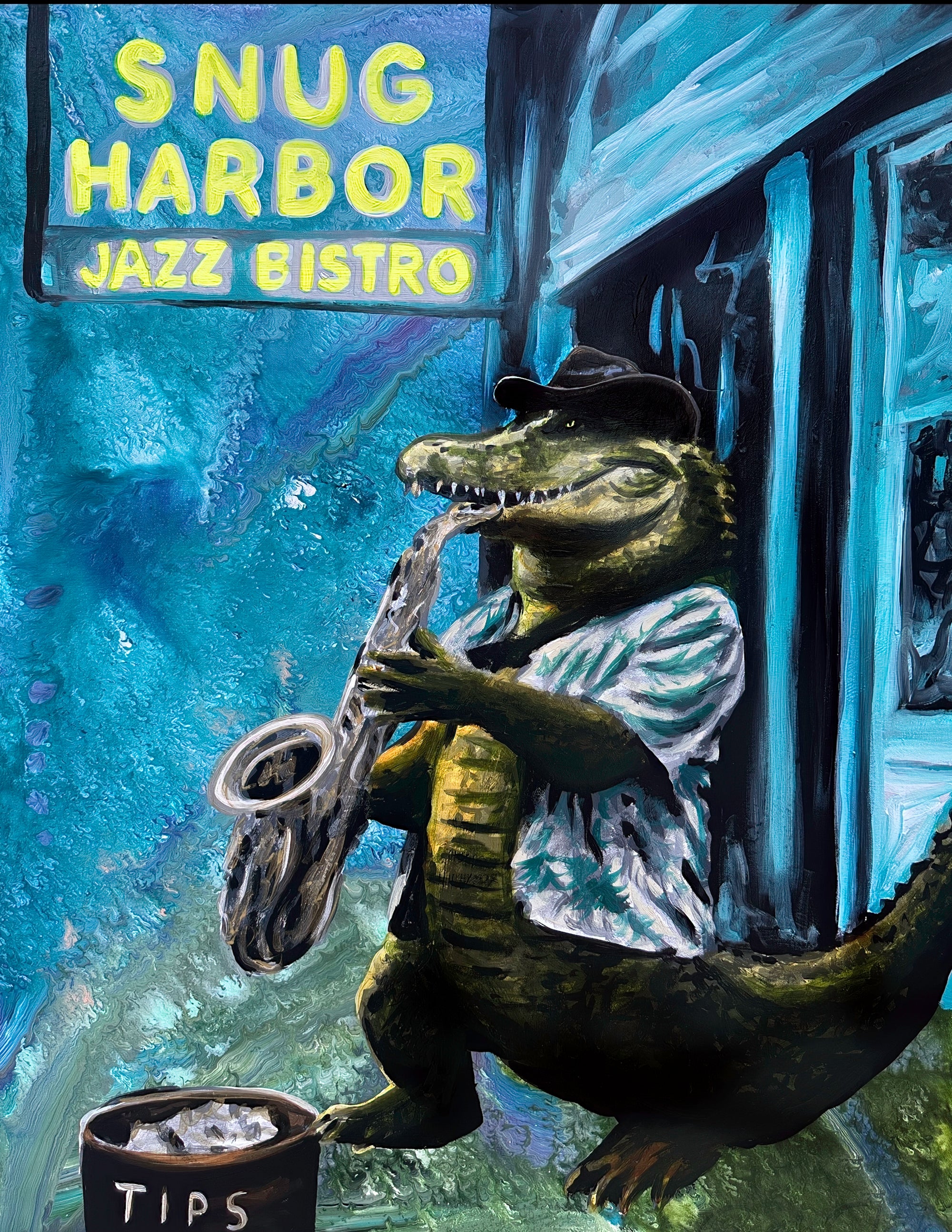 Alligator Playing Saxophone at Snug Harbor Print