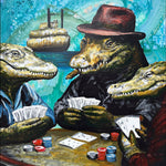 Alligators Playing Poker, a colorful hand-painted New Orleans artwork by Ocean Clark