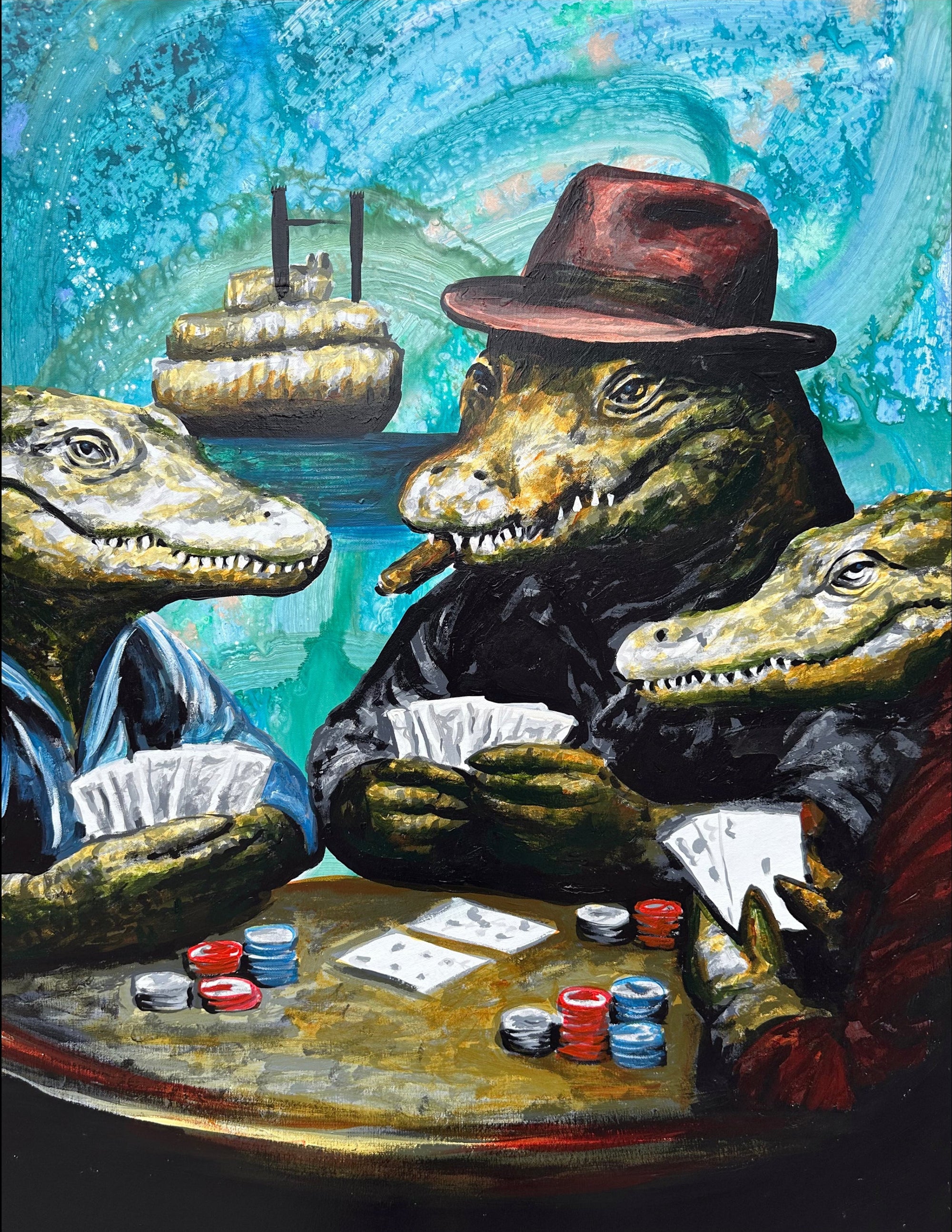 Alligators Playing Poker, a colorful hand-painted New Orleans artwork by Ocean Clark