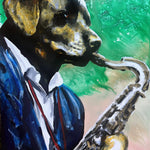 This painting features a chocolate Labrador blowing a smooth saxophone solo, full of rhythm and soul.