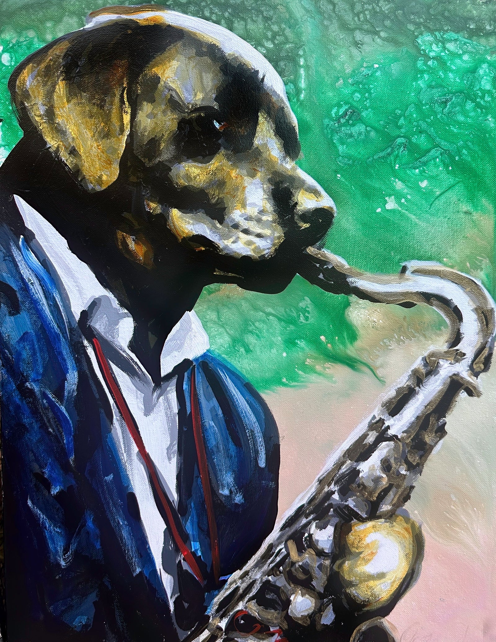 This painting features a chocolate Labrador blowing a smooth saxophone solo, full of rhythm and soul.