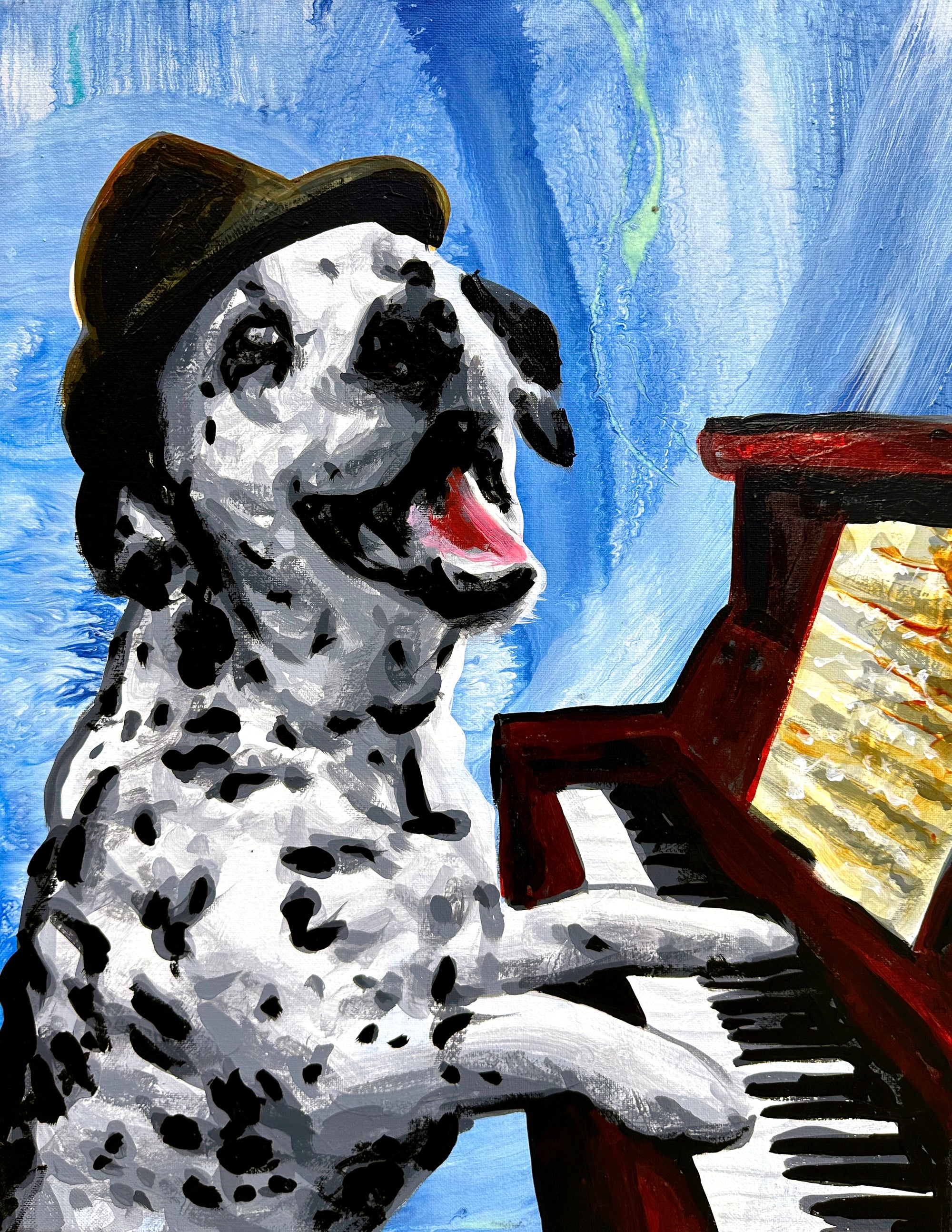 A spotted dalmatian tickles the ivories in this lively print full of character and motion.