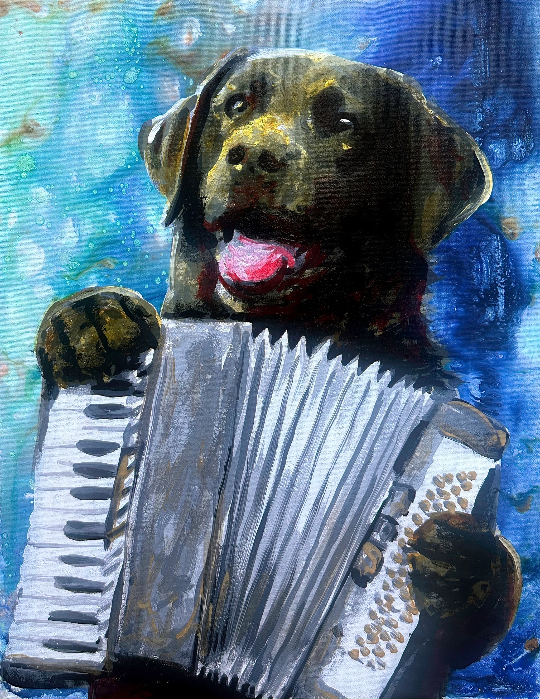 Black Labrador Playing Accordion Print