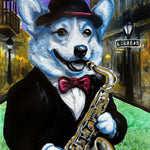 Blue Corgi Playing Saxophone Print