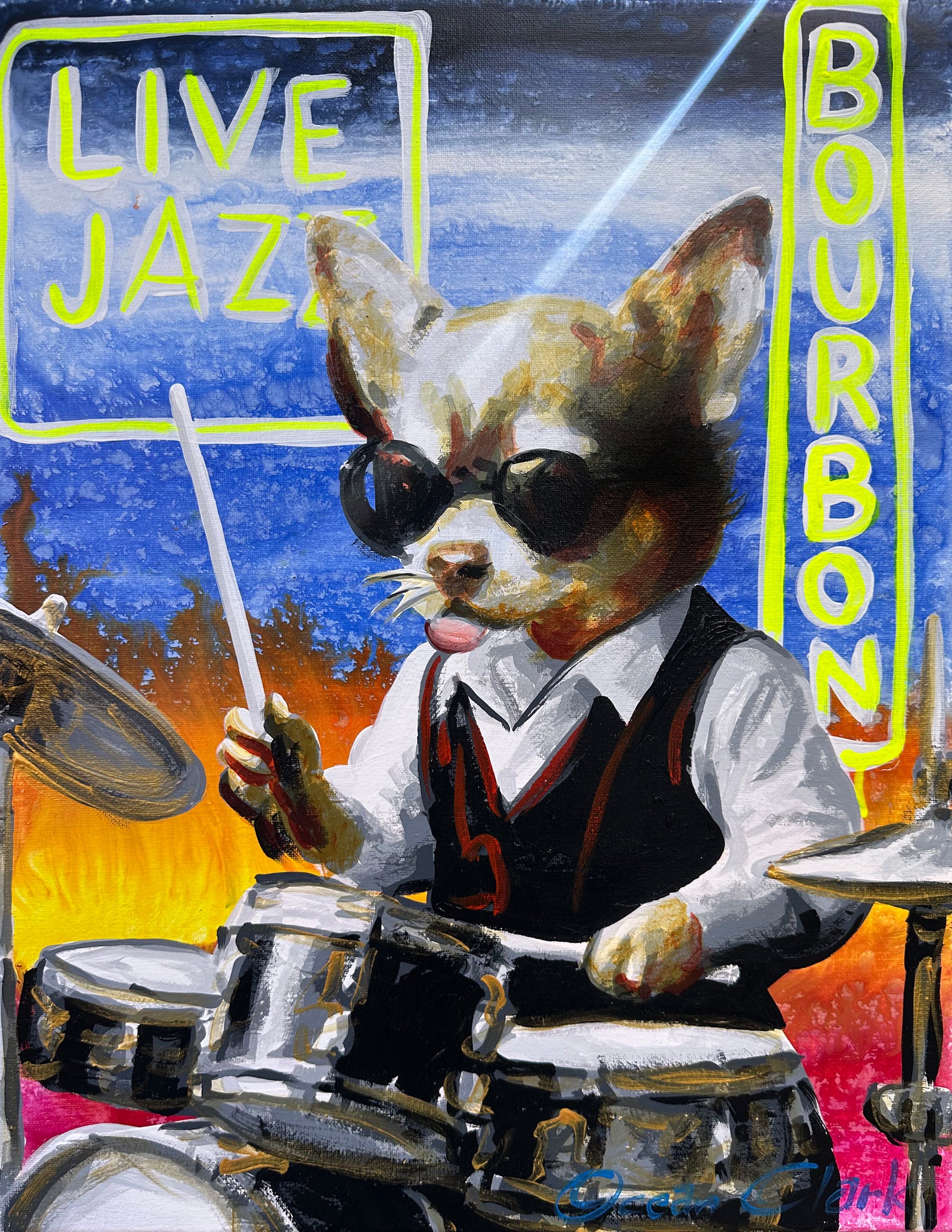 Chihuahua Playing Jazz Drums on Bourbon Street Print