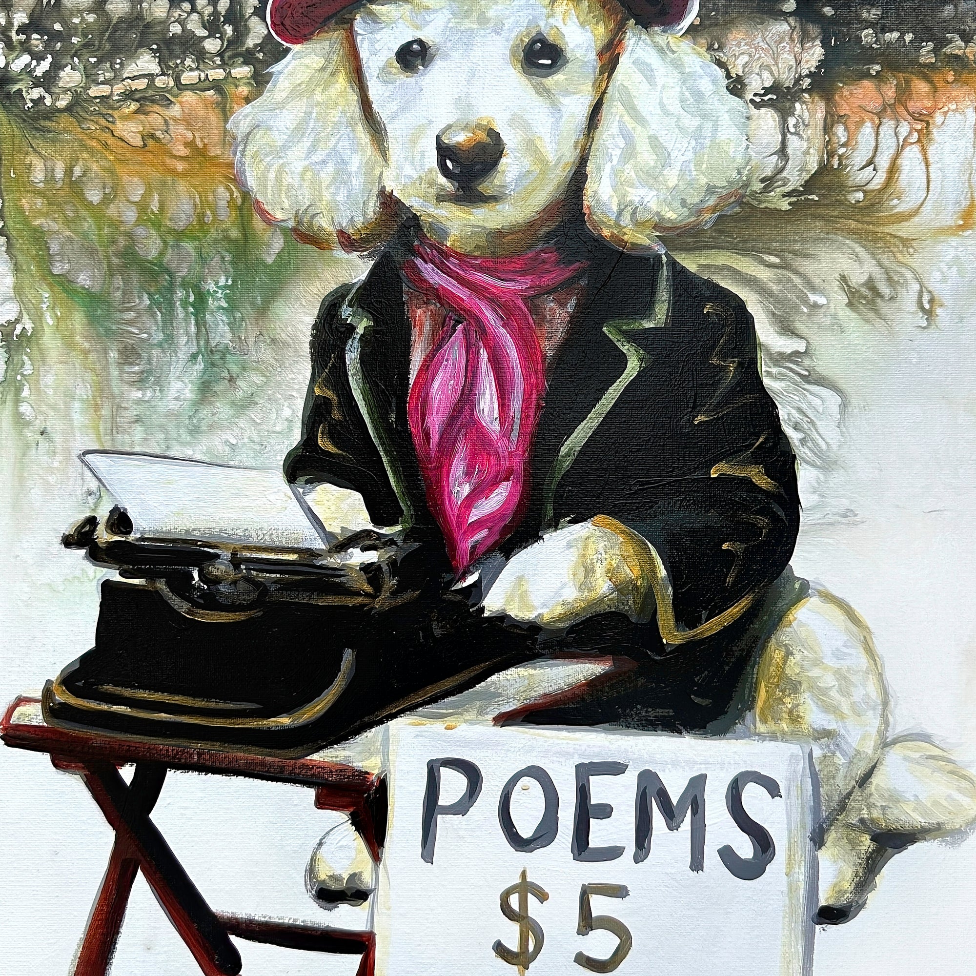 This painting captures a poodle deep in thought, pen in paw, composing poetry.