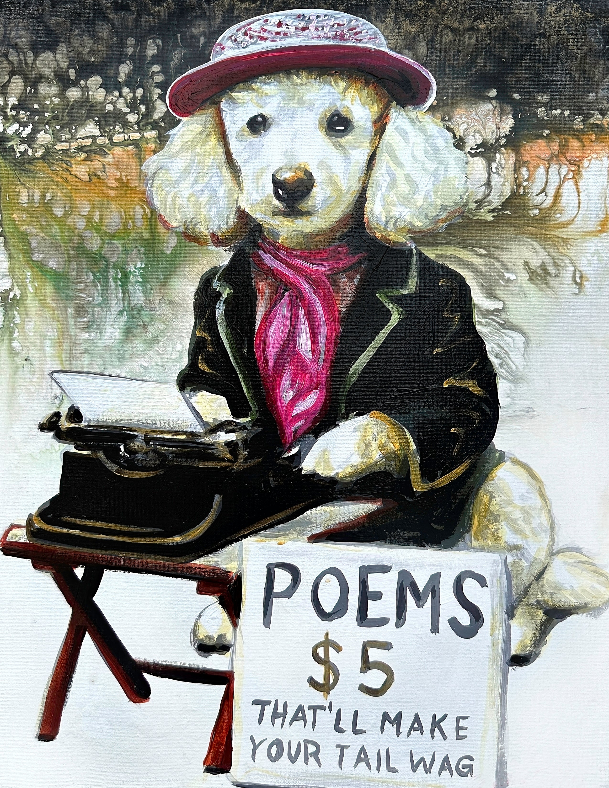 This painting captures a poodle deep in thought, pen in paw, composing poetry.