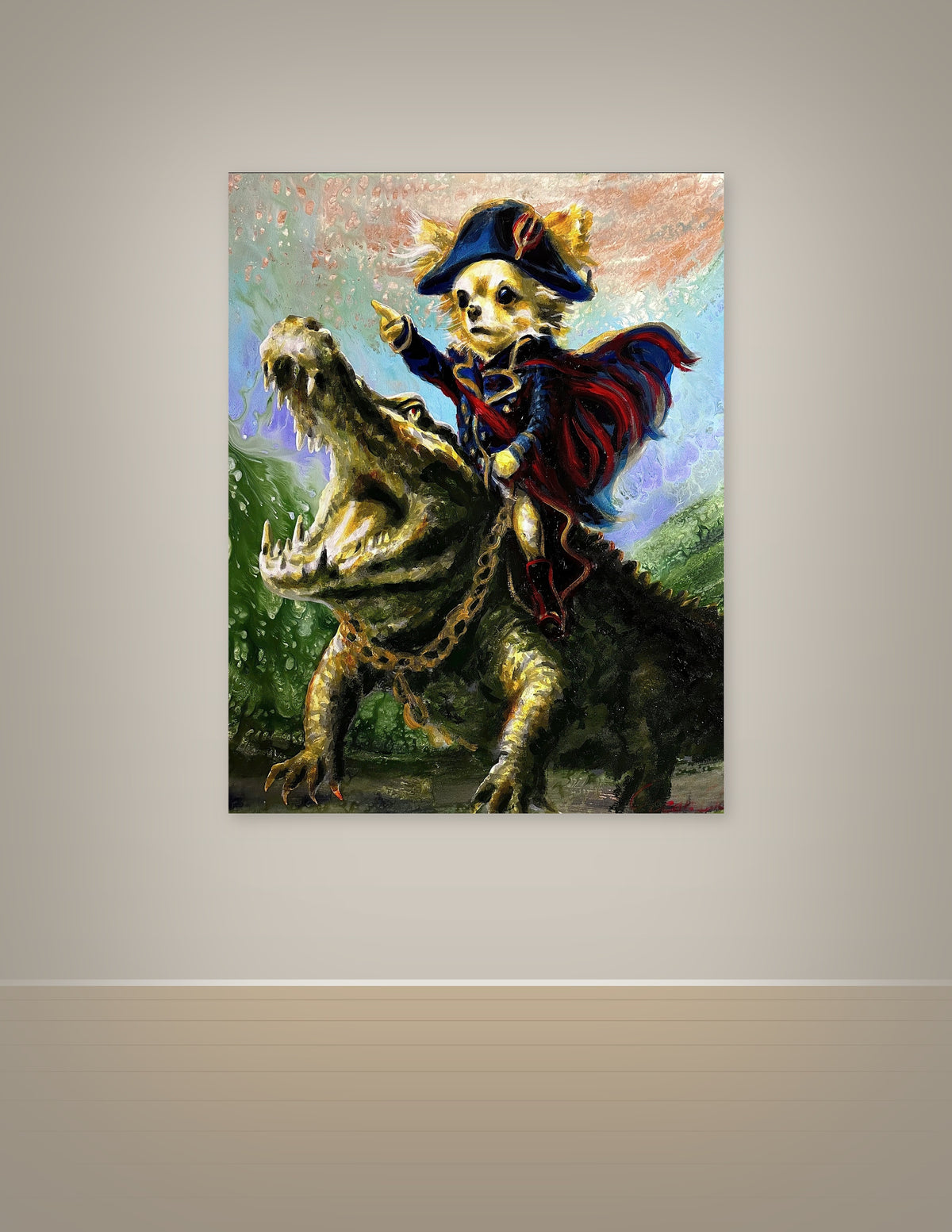 Long-Haired Chihuahua as Napoleon with Alligator Print