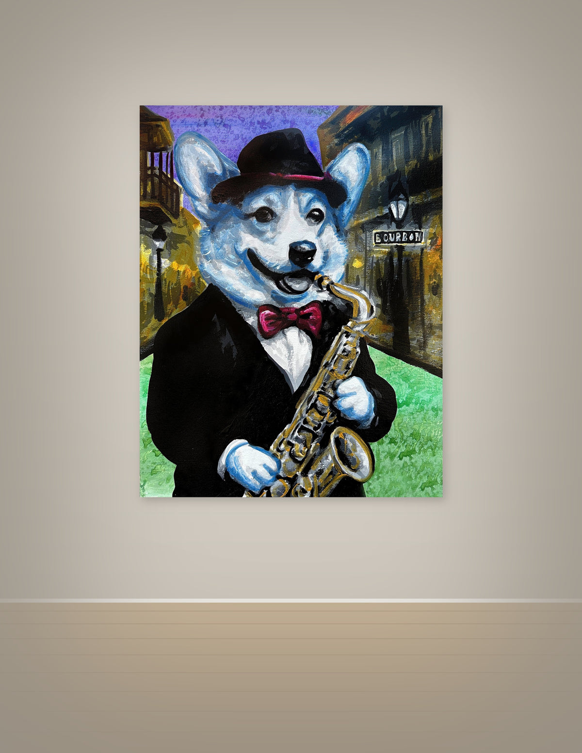 Blue Corgi Playing Saxophone Print