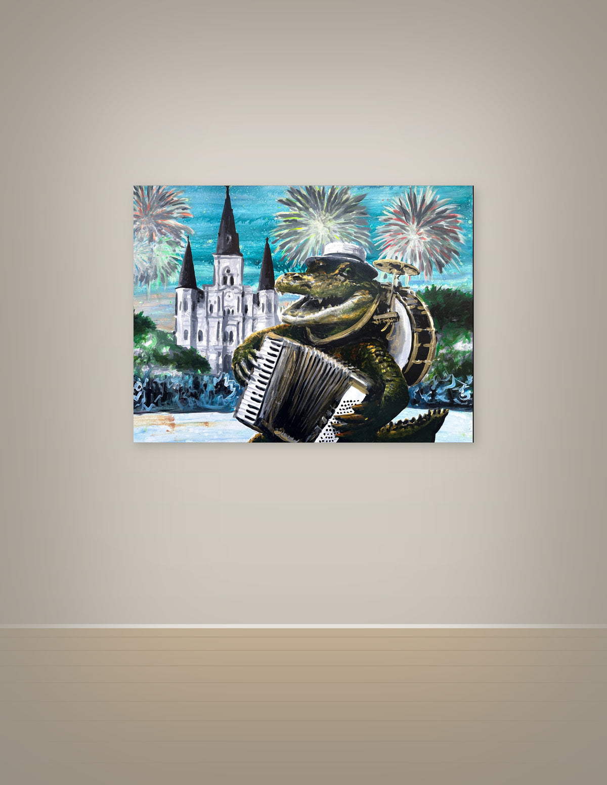 Alligator Playing Accordion with Fireworks Print