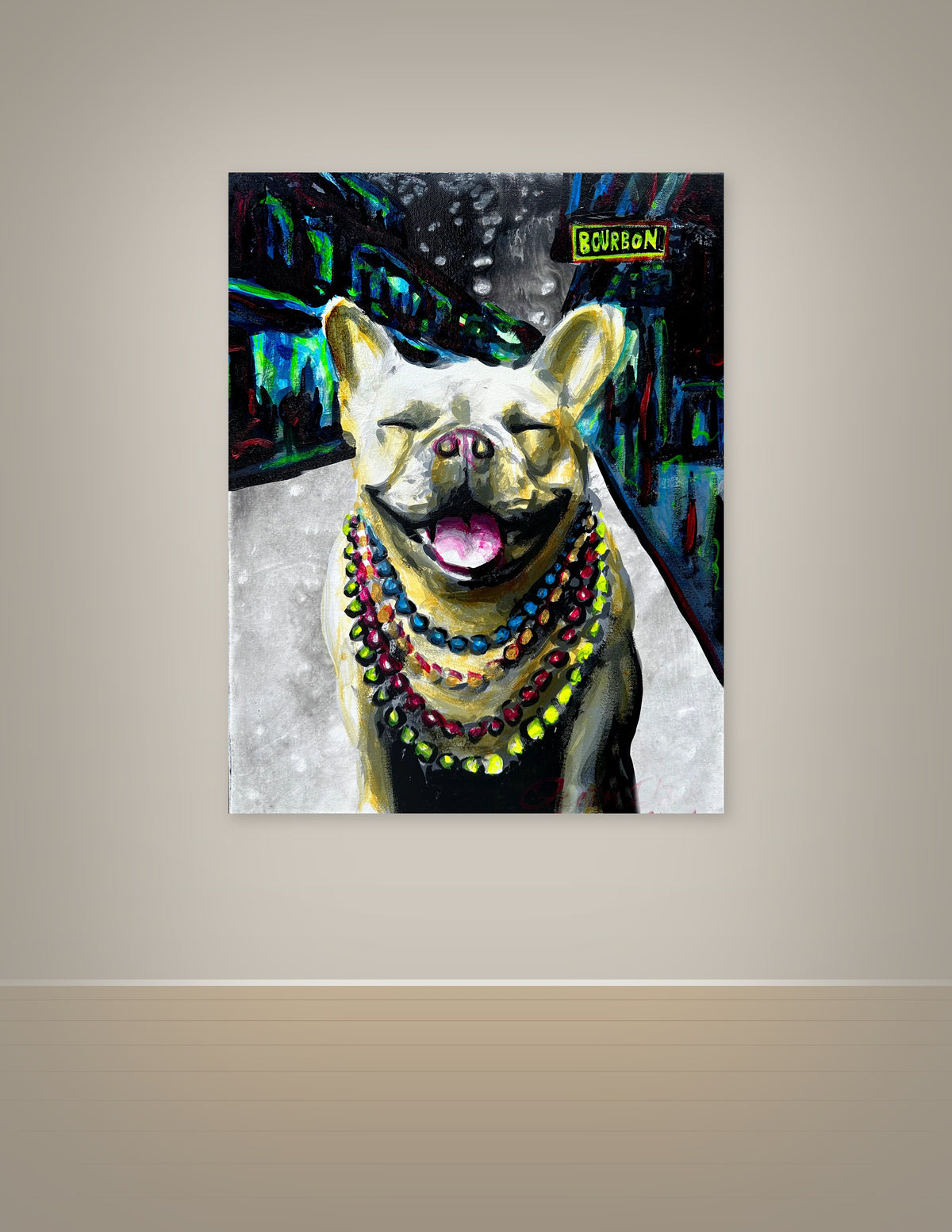 Smiling French Bulldog in Mardi Gras Beads Print