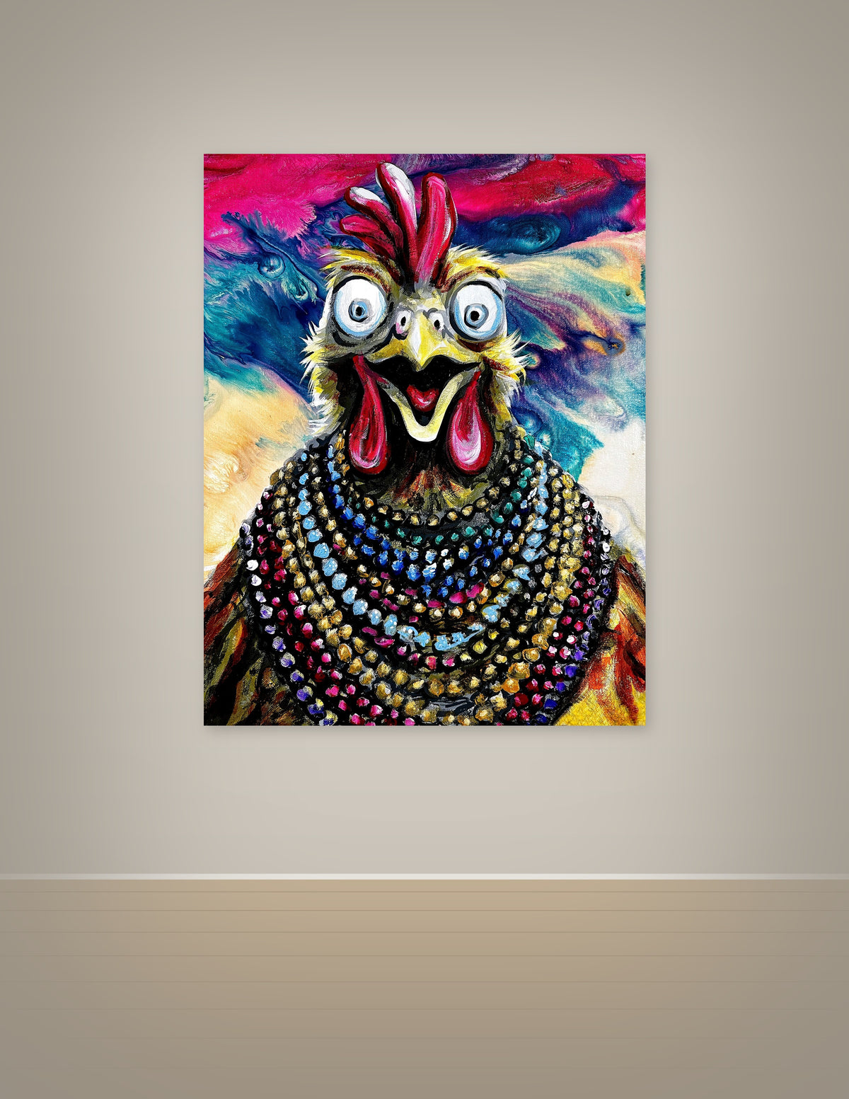 Wide Eyed Chicken in Mardi Gras Beads Print