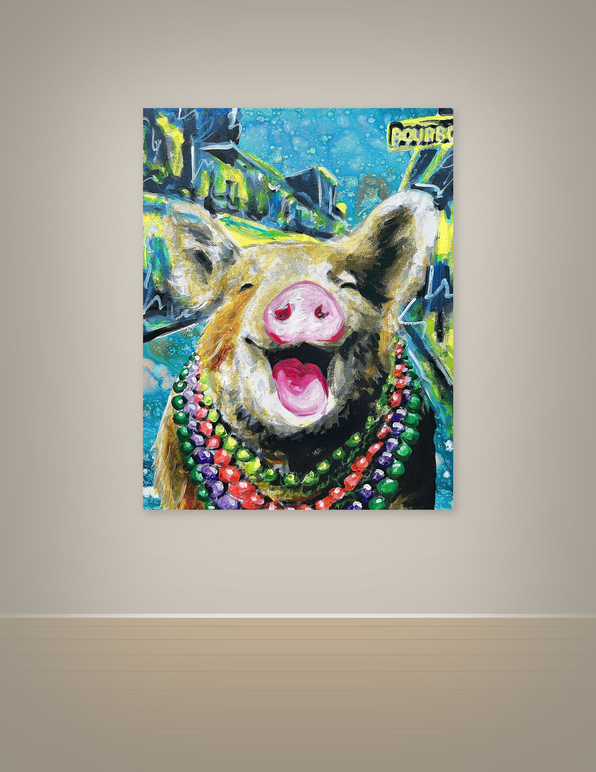 Smiling Pig in Mardi Gras Beads Print