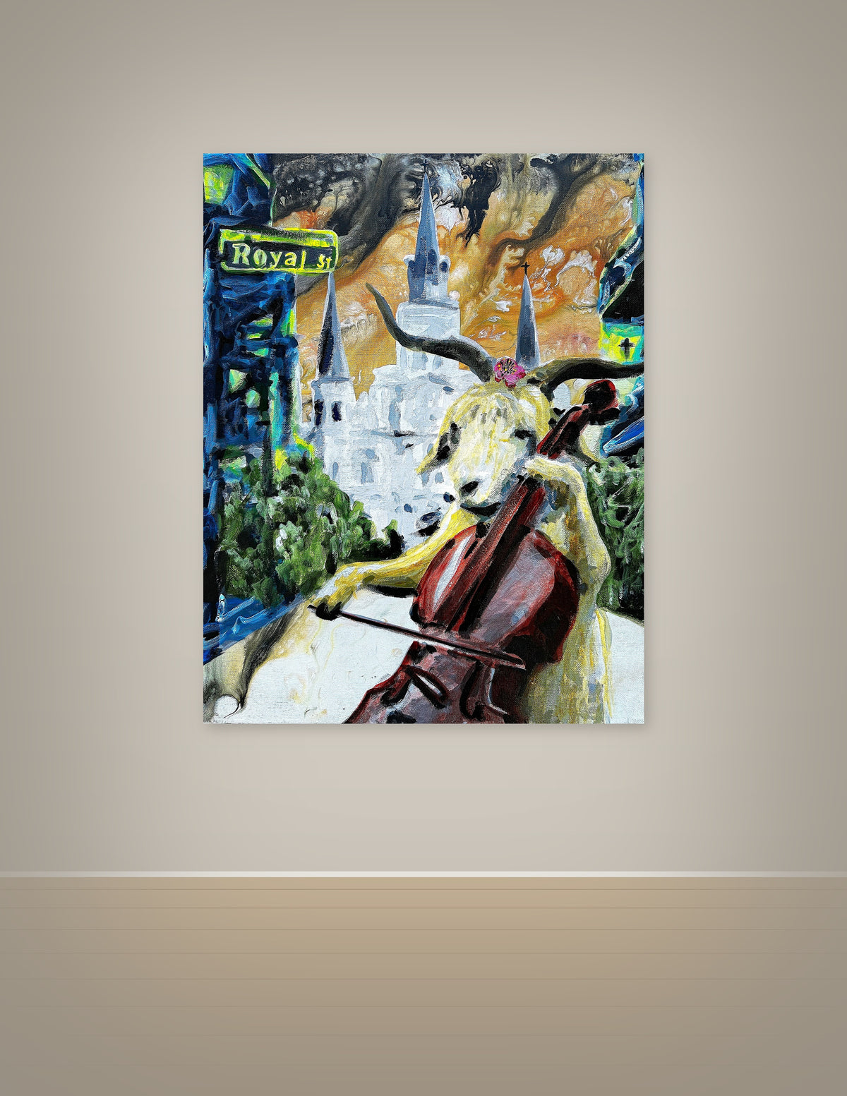 Goat Playing Cello on Royal Street Print