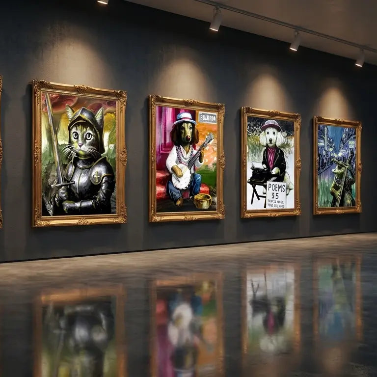 A gallery exhibition with five framed colorful paintings of animals hanging on a dark wall, with a polished floor reflecting the artwork and a few visitors standing in the background.
