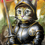 This painting reimagines an orange cat as Joan of Arc, armored and resolute.