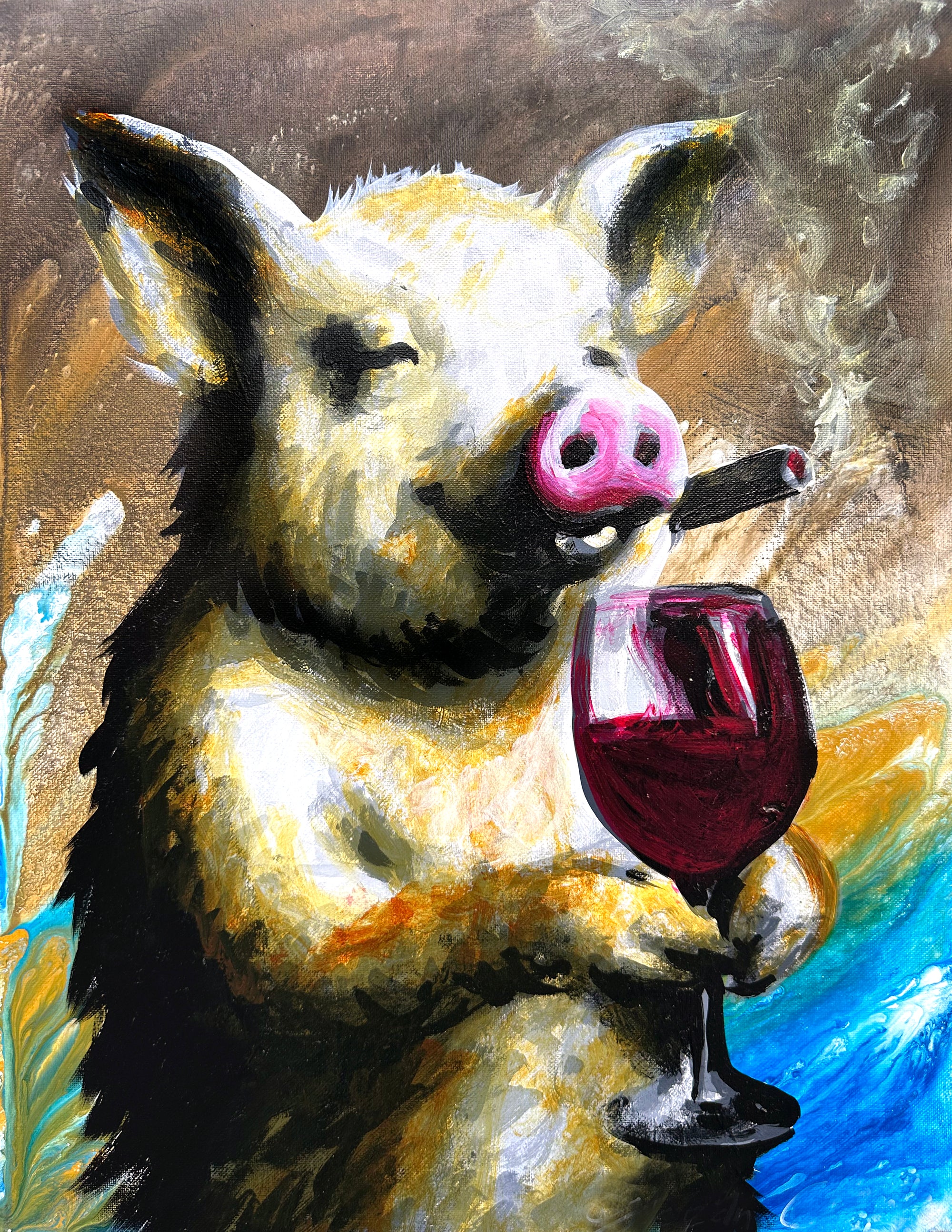 Pig with Cigar and Wine Print