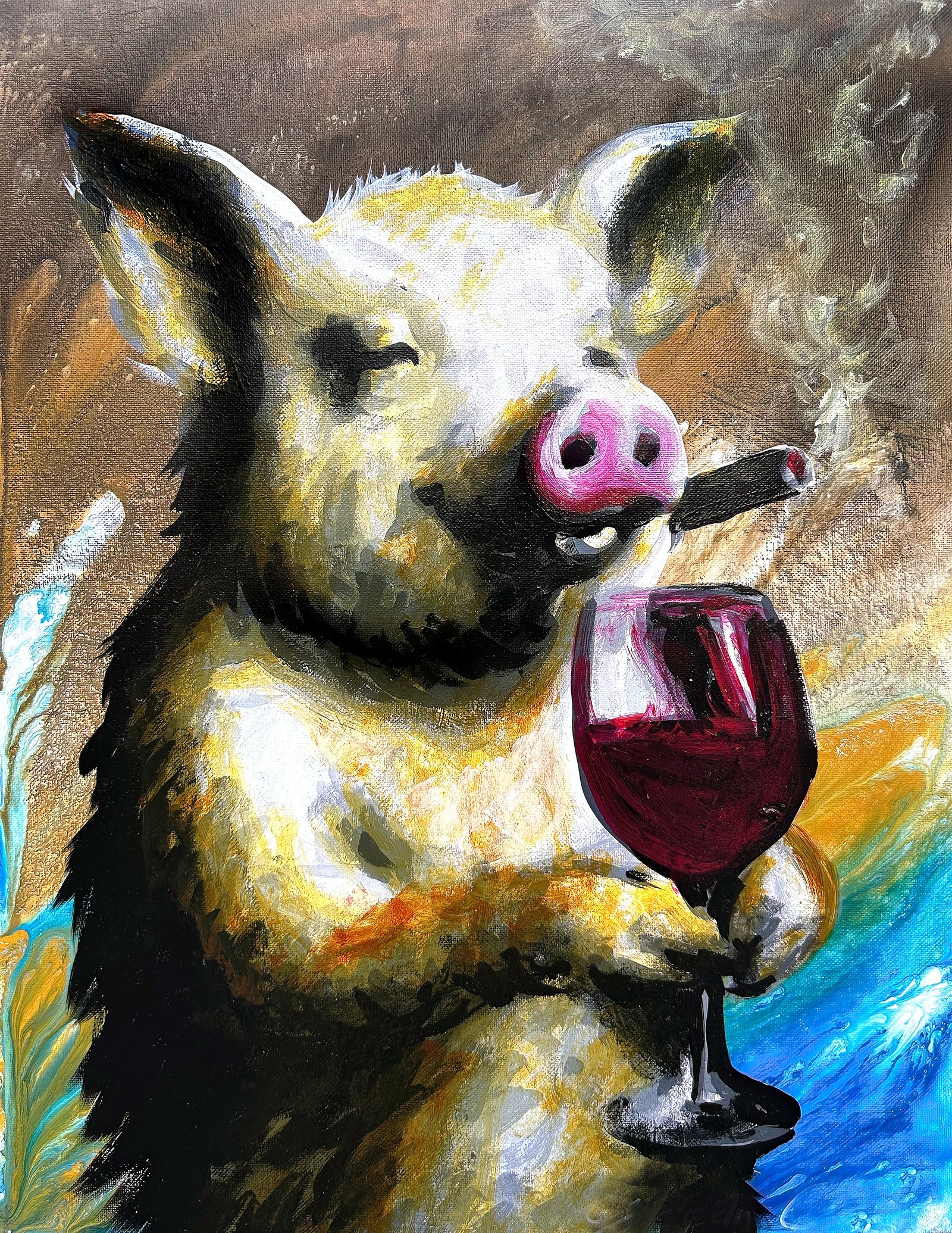 Pig with Cigar and Wine Print