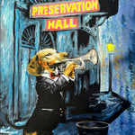 This painting places a dachshund on trumpet, playing traditional jazz in the spirit of Preservation Hall.