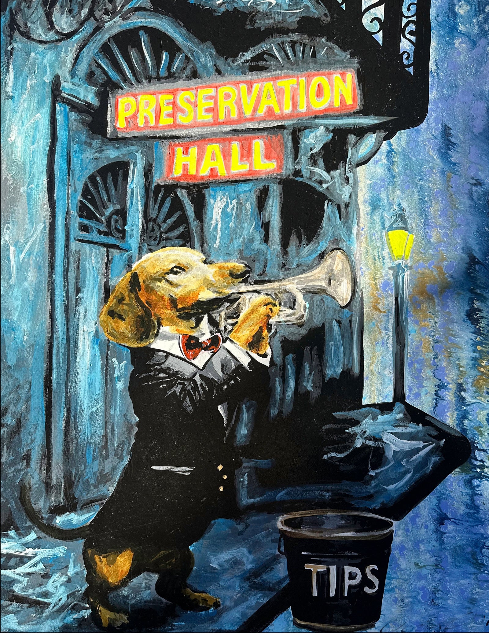 This painting places a dachshund on trumpet, playing traditional jazz in the spirit of Preservation Hall.