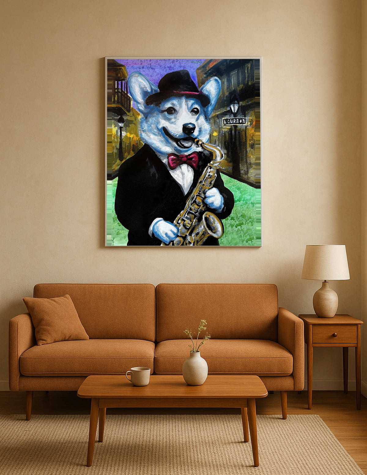 Blue Corgi Playing Saxophone Print