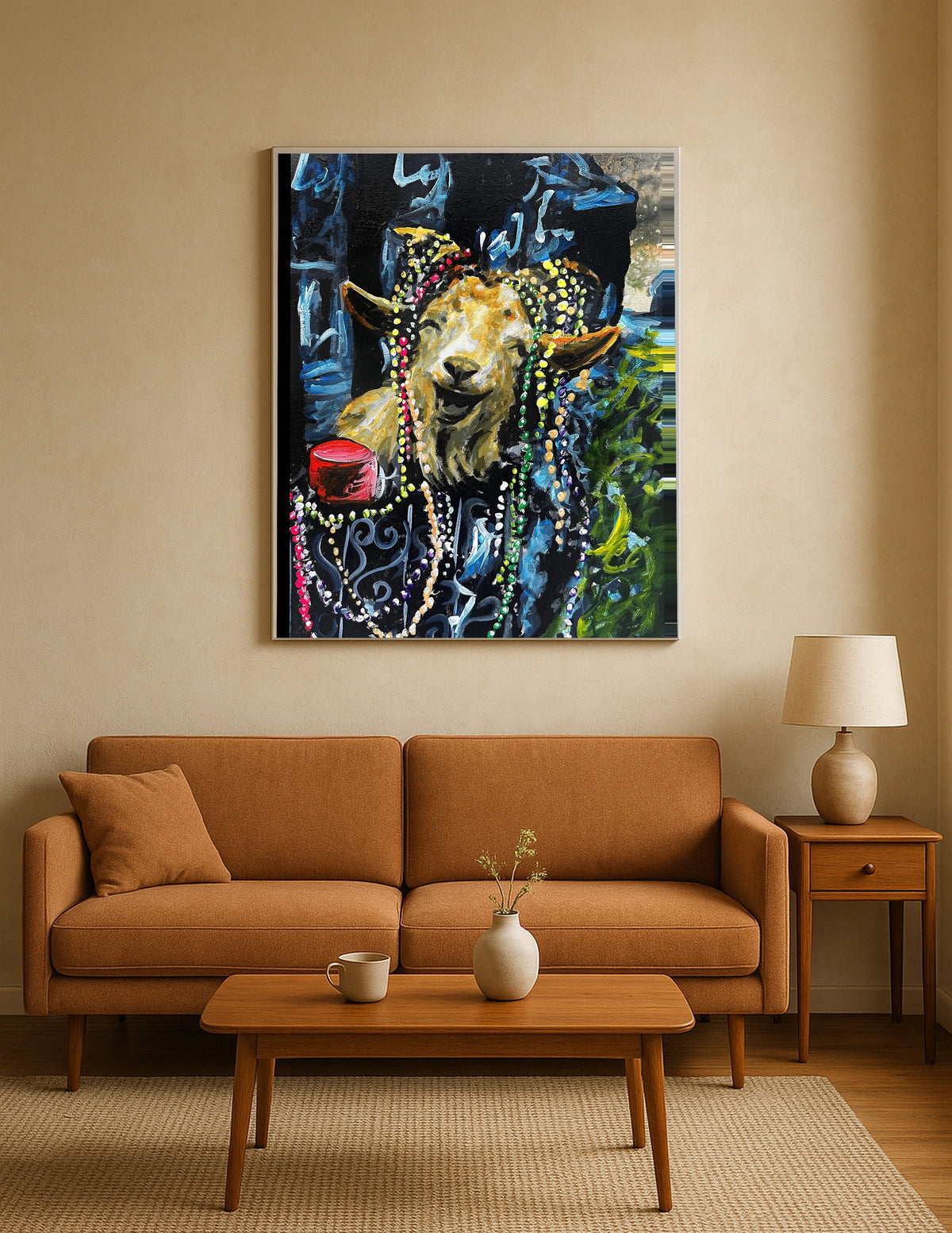 Goat with Mardi Gras Beads Print