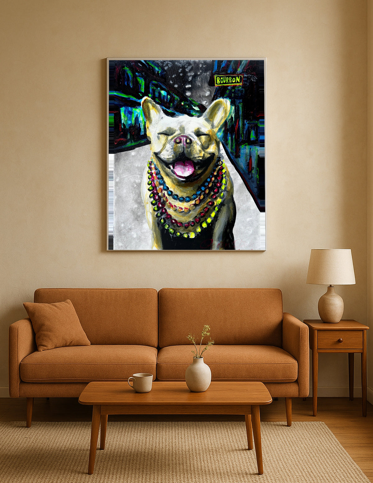 Smiling French Bulldog in Mardi Gras Beads Print