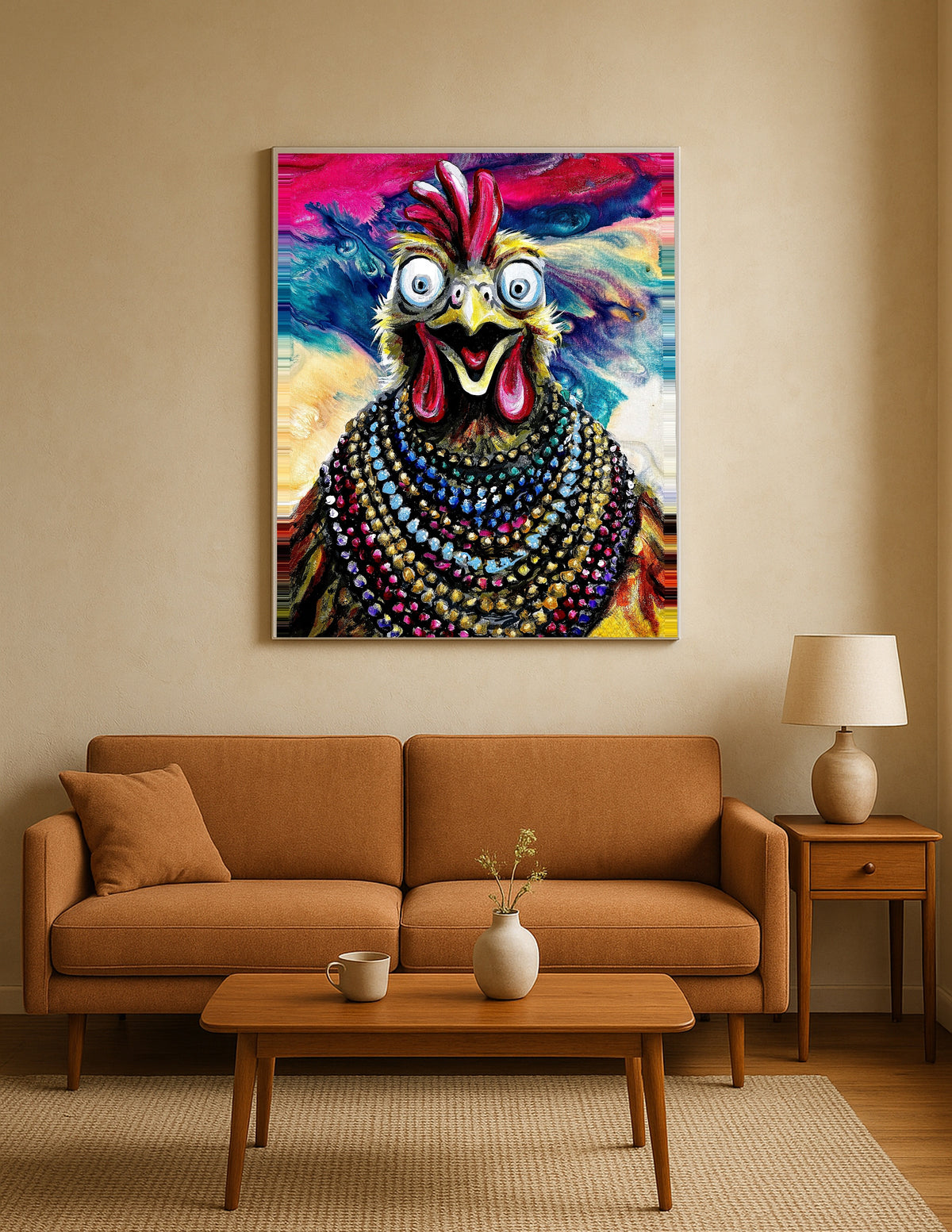 Wide Eyed Chicken in Mardi Gras Beads Print