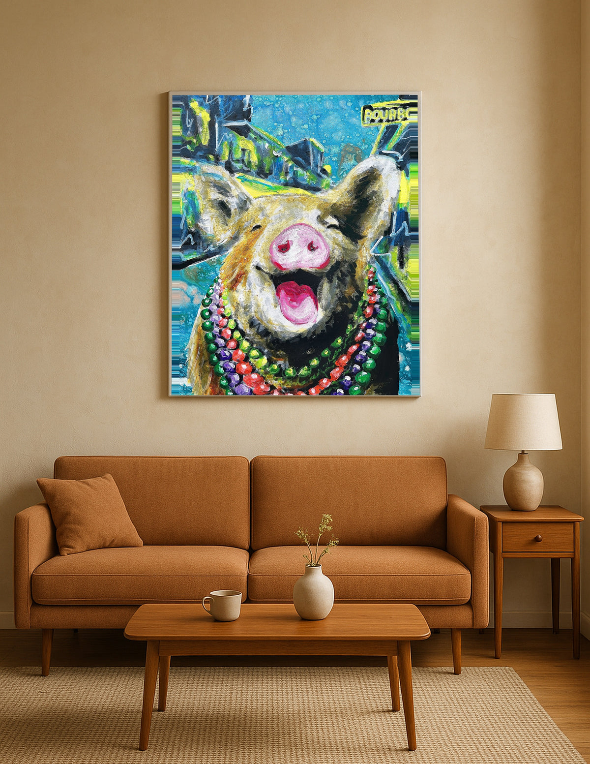 Smiling Pig in Mardi Gras Beads Print