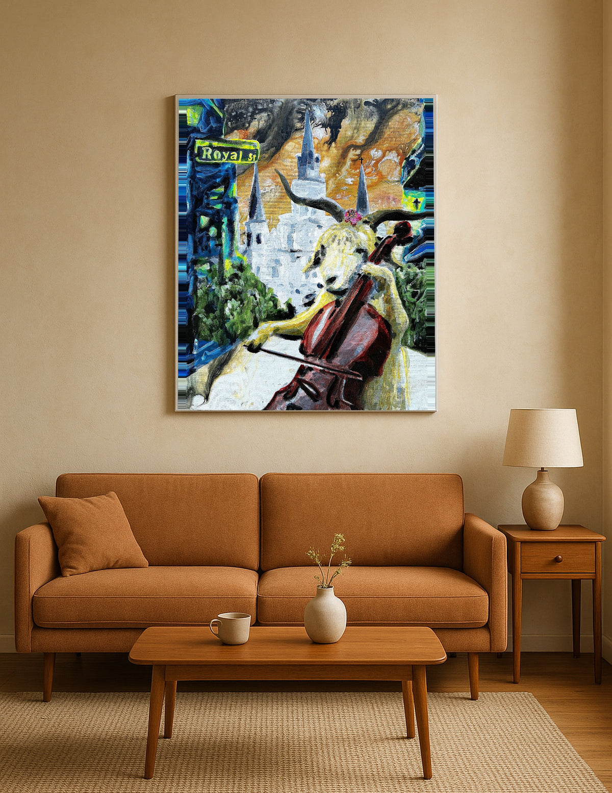 Goat Playing Cello on Royal Street Print